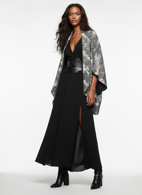 Gray Palm Leaves Oversized Cocoon Open Sweater Jacket