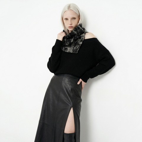 Beige and Black Brushed Wool Oversized Snap Cowl