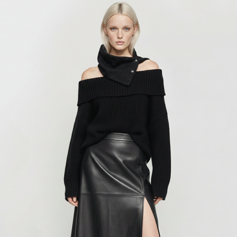 Black Textured Mini Snap Cowl