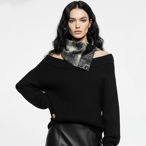 Crackled Quilted Snake Skin with Black Lambskin Panel Mini Snap Cowl