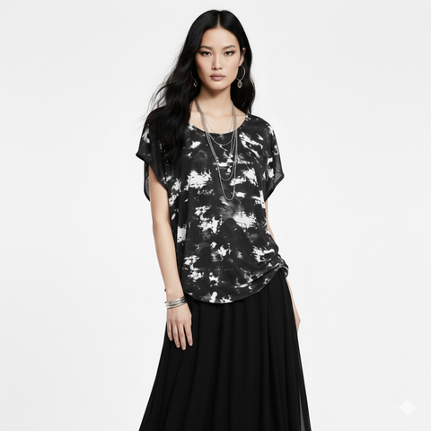 Black and Cream Tie Dye Print Dolman Top