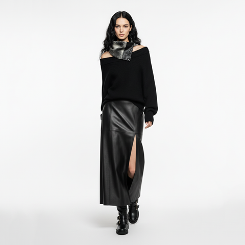 Crackled Quilted Snake Skin with Black Lambskin Panel Mini Snap Cowl