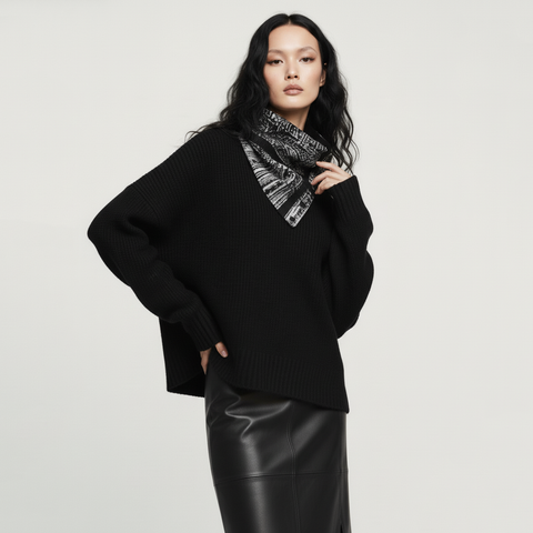 Black and Cream Graphic Woven Cowl Snap