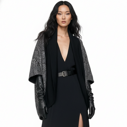 Woman wearing a black dress with a gray cape and black gloves on a white background