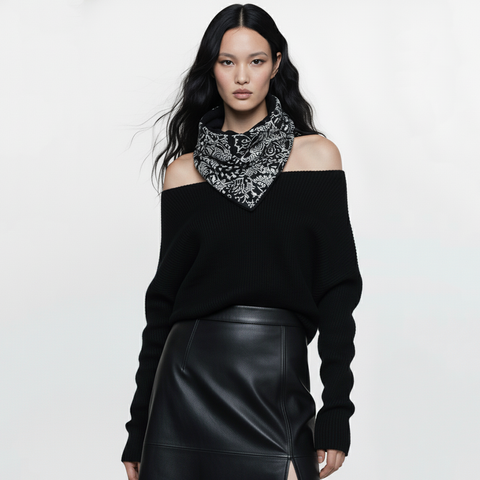 Cream and Black Floral Wool Snap Cowl