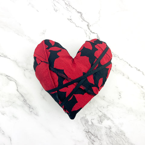 Red and Black Floral Heart Pillow with Pleats