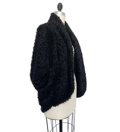 Black Faux Shearling Cocoon Open Sweater Jacket