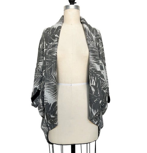 Gray Palm Leaves Oversized Cocoon Open Sweater Jacket