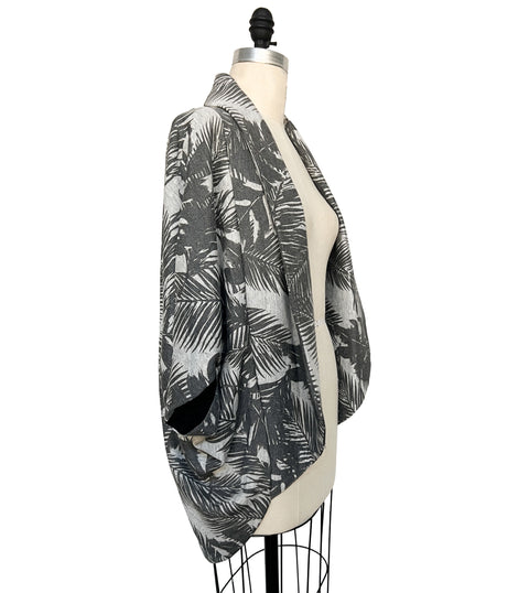 Gray Palm Leaves Oversized Cocoon Open Sweater Jacket