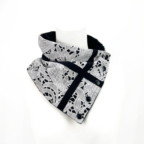 Oatmeal and Black Floral Lace Snap Cowl