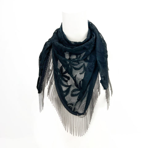 Black Lace Fringed Triangular Shawl