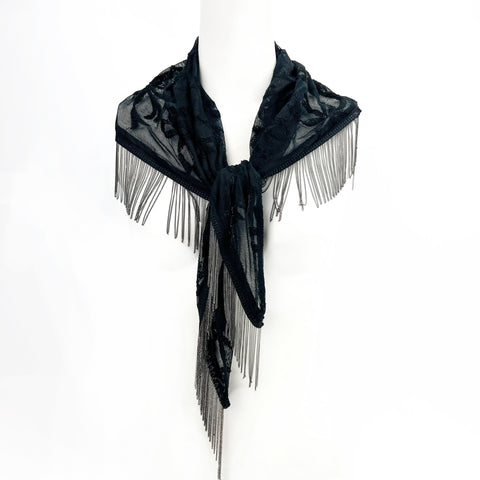 Black Lace Fringed Triangular Shawl