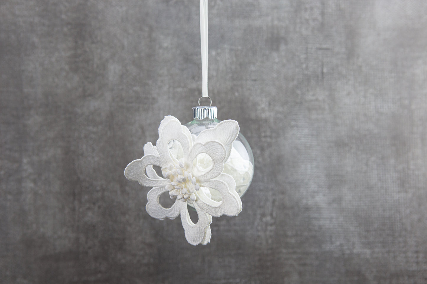 White 3D Floral Lace Trim Glass Ornament