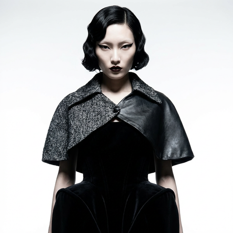 Black and White Asymmetrical Tweed and Lambskin Cape