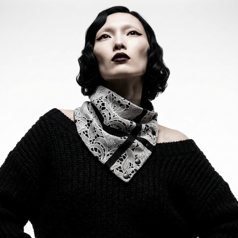 Oatmeal and Black Floral Lace Snap Cowl