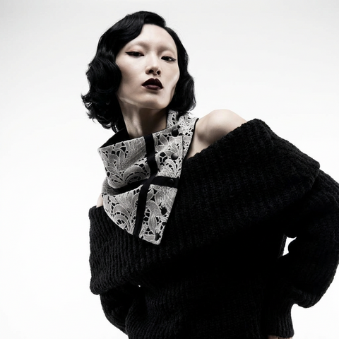 Oatmeal and Black Floral Lace Snap Cowl