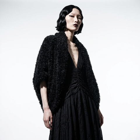 Black Faux Shearling Cocoon Open Sweater Jacket