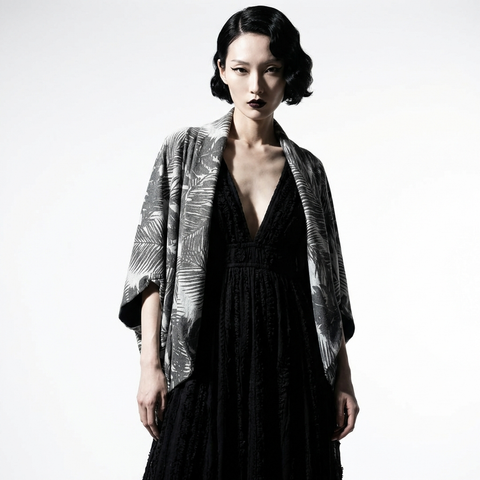 Gray Palm Leaves Oversized Cocoon Open Sweater Jacket