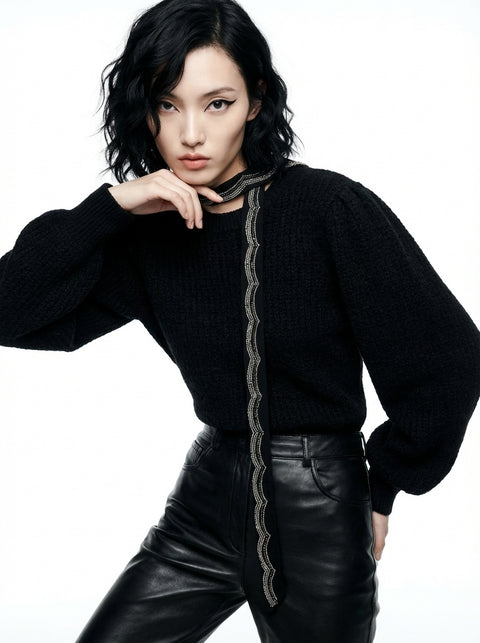 Black Metallic Beaded Skinny Scarf