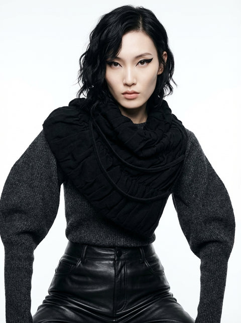 Black .Ruched Oversized Snap Cowl
