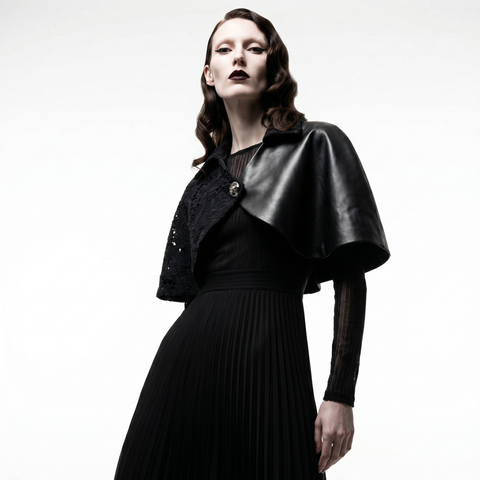 Black Asymmetrical Lace and Leather Cape