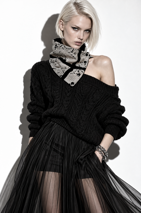 Oatmeal and Black Floral Lace Snap Cowl