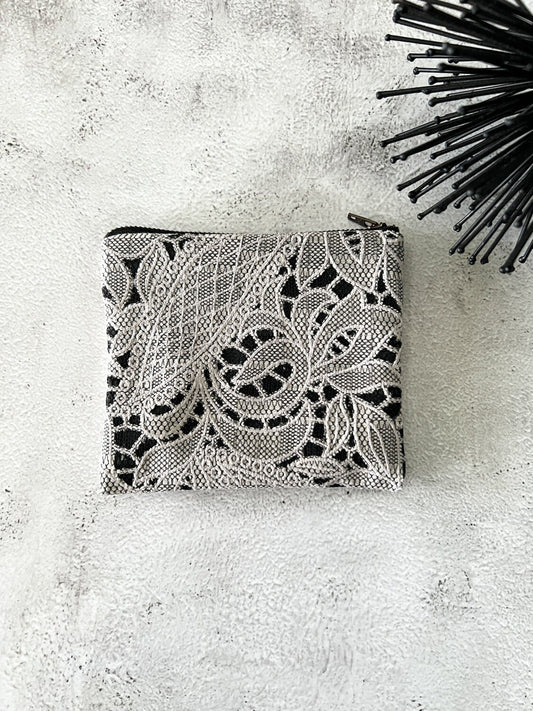 Off White and Black Lace Zipper Pouch  BAGG00070