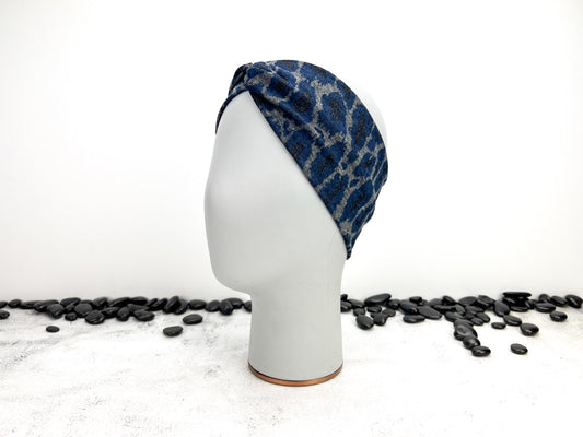 Metallic Blue and Gray Leopard Print Sweater Knit headband HDB00083