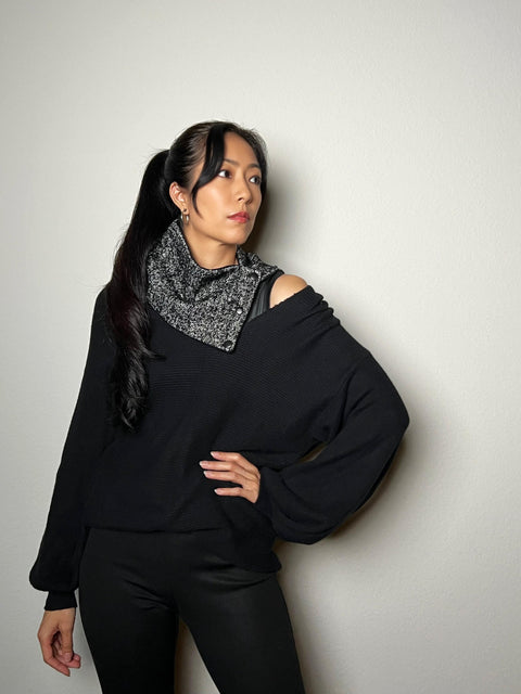 Black and White Tweed Cowl Snap Scarflette SCF0014