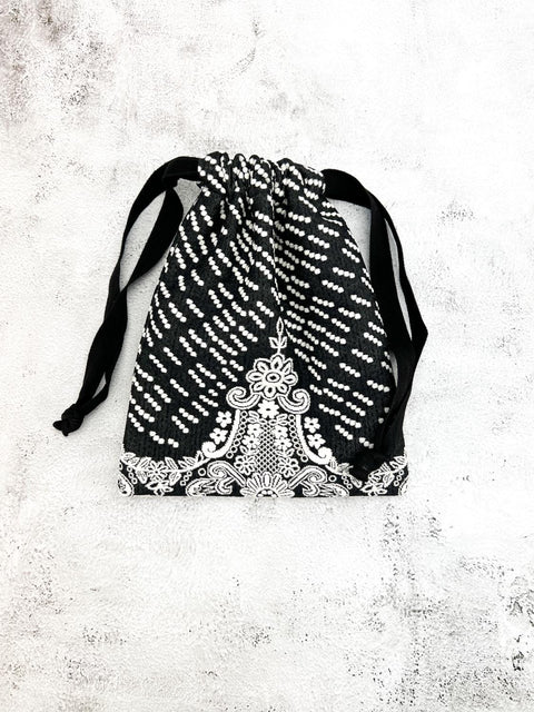 Black and Cream Floral Jacquard Knit Drawstring Bag