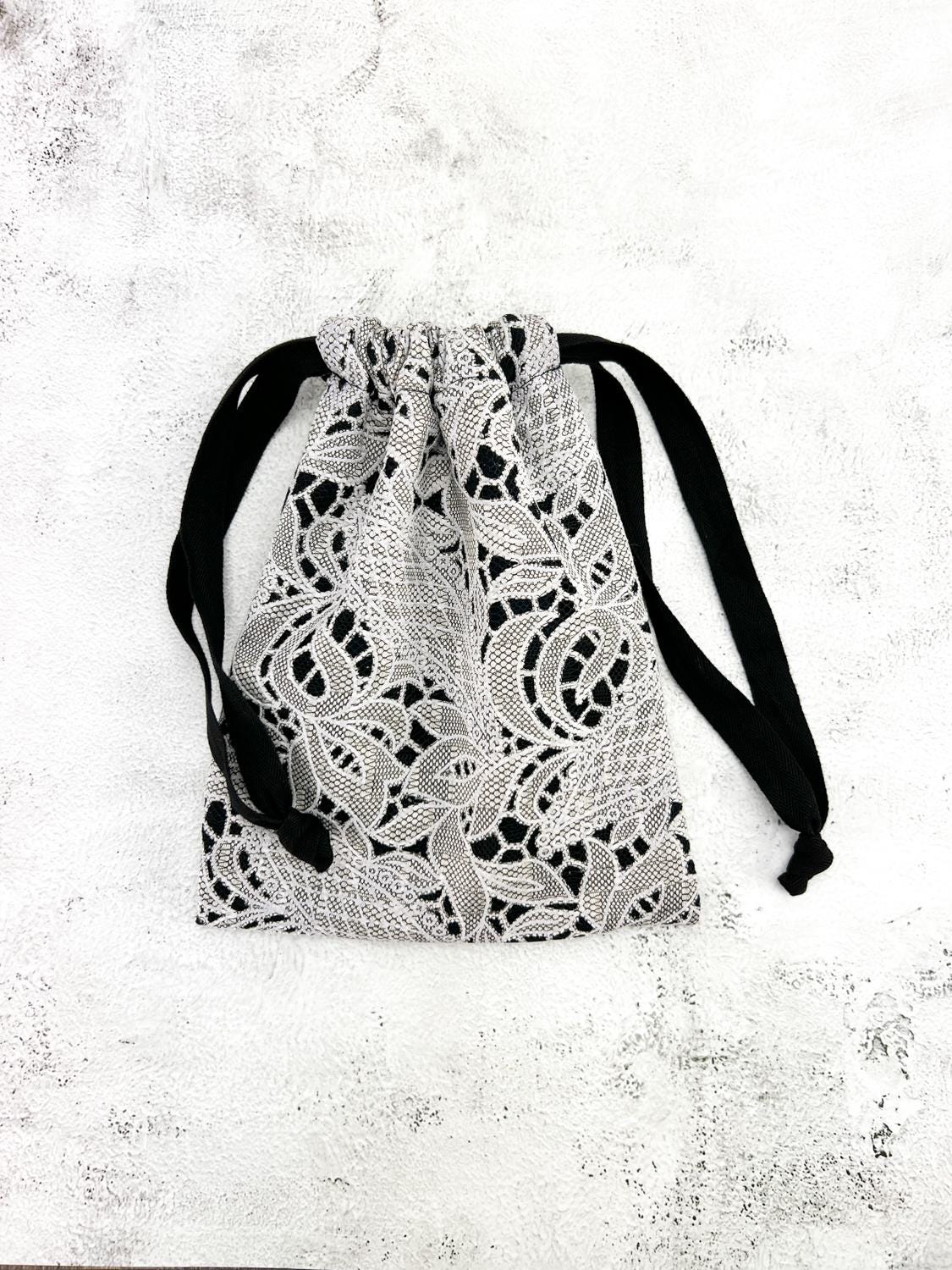 Beige and Black Lace Like Drawstring Bag BAG00097