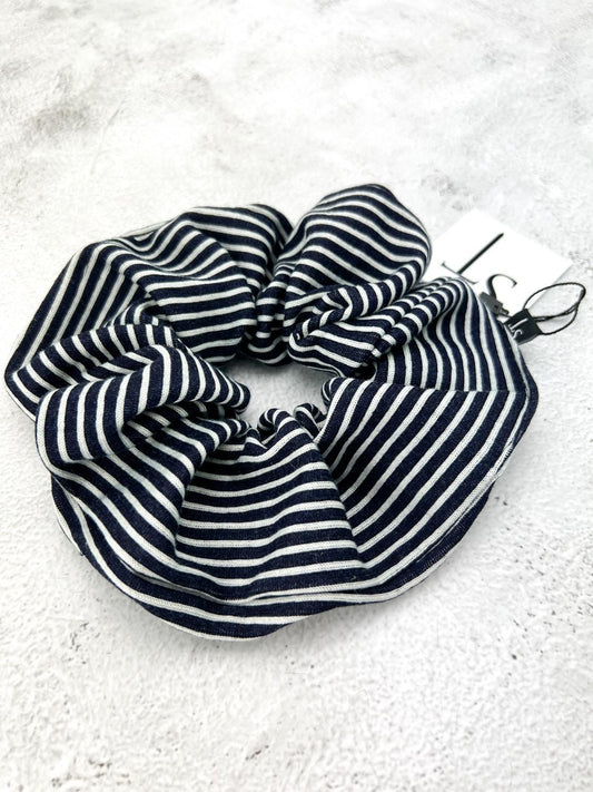 Navy and White Pinstripe Knit Extra Large Hair Scrunchie SCR00053