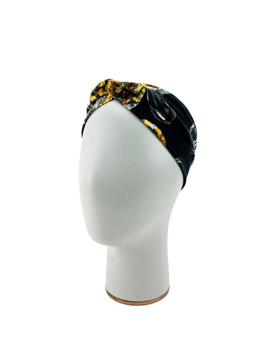 Yellow and Black Floral Jewel Stone Sweater Knit Headband HDB00091