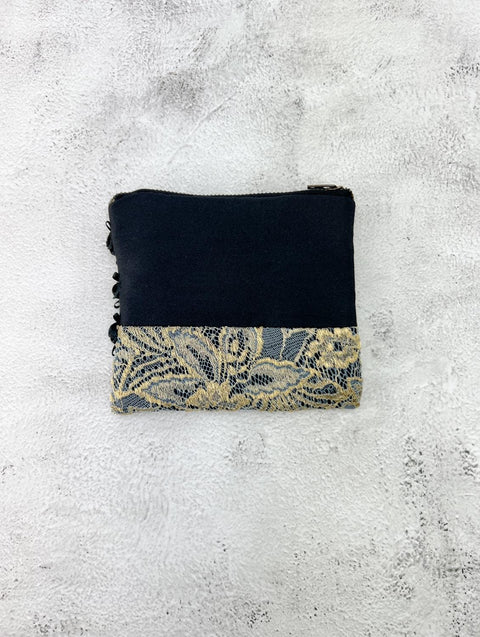 Black with Metallic Gold Lace Panel Zipper Pouch