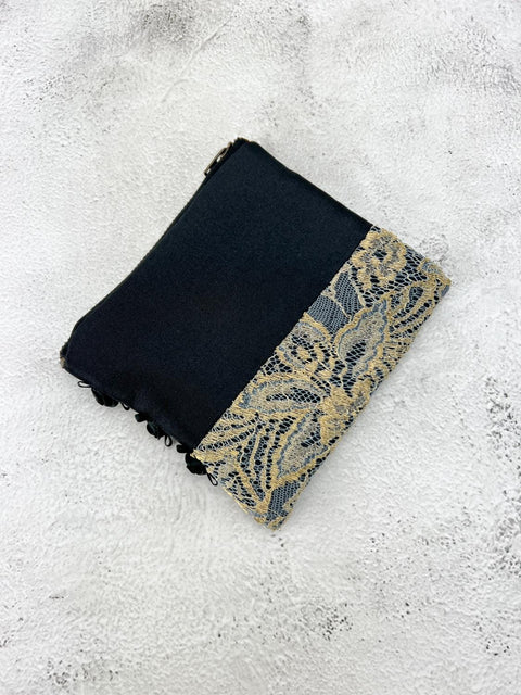 Black with Metallic Gold Lace Panel Zipper Pouch