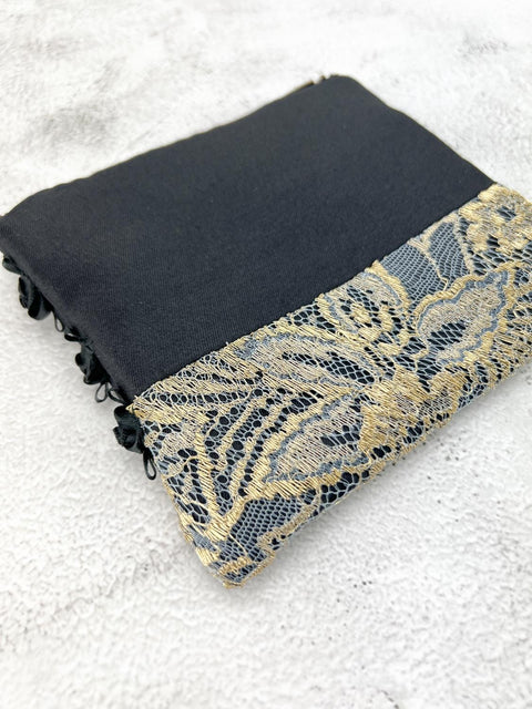 Black with Metallic Gold Lace Panel Zipper Pouch