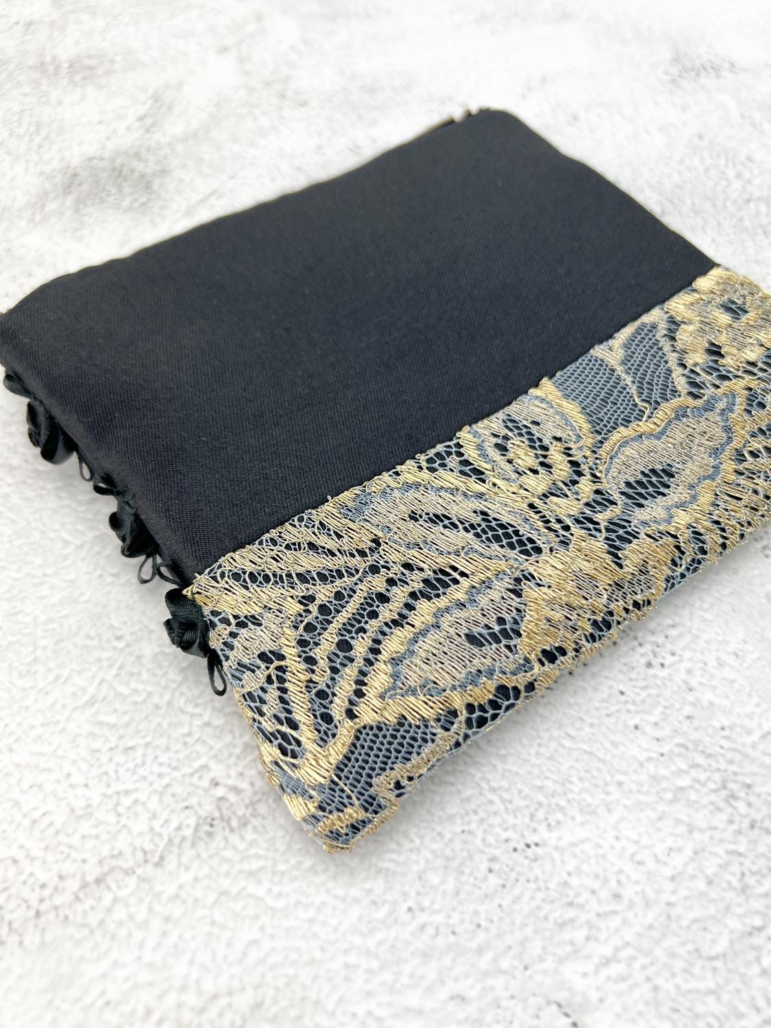 Black with Metallic Gold Lace Panel Zipper Pouch BAGG00099