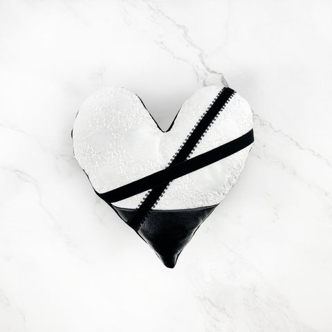 Black and White Heart Pillow with Leather Panel