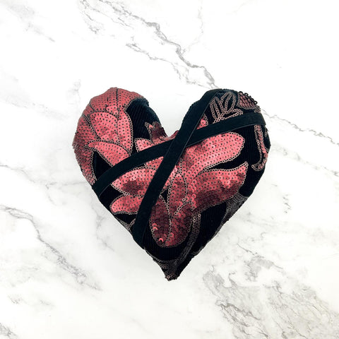 Red and Black Floral Heart Pillow with Sequins