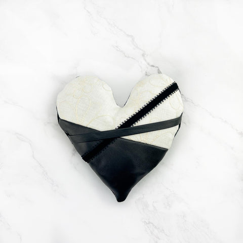 Black and Oatmeal Heart Pillow with Leather Panel