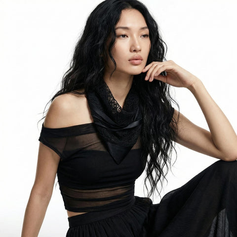 Black Lace Neckerchief with Lambskin Panel