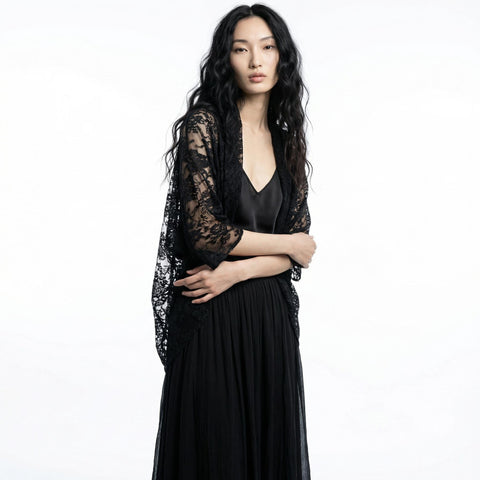 Black Floral Burnout Oversized Cocoon Open Sweater Jacket