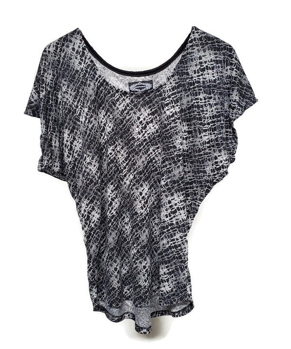 Black and Warm Gray Abstract Cross Hatch Print Dolman Top