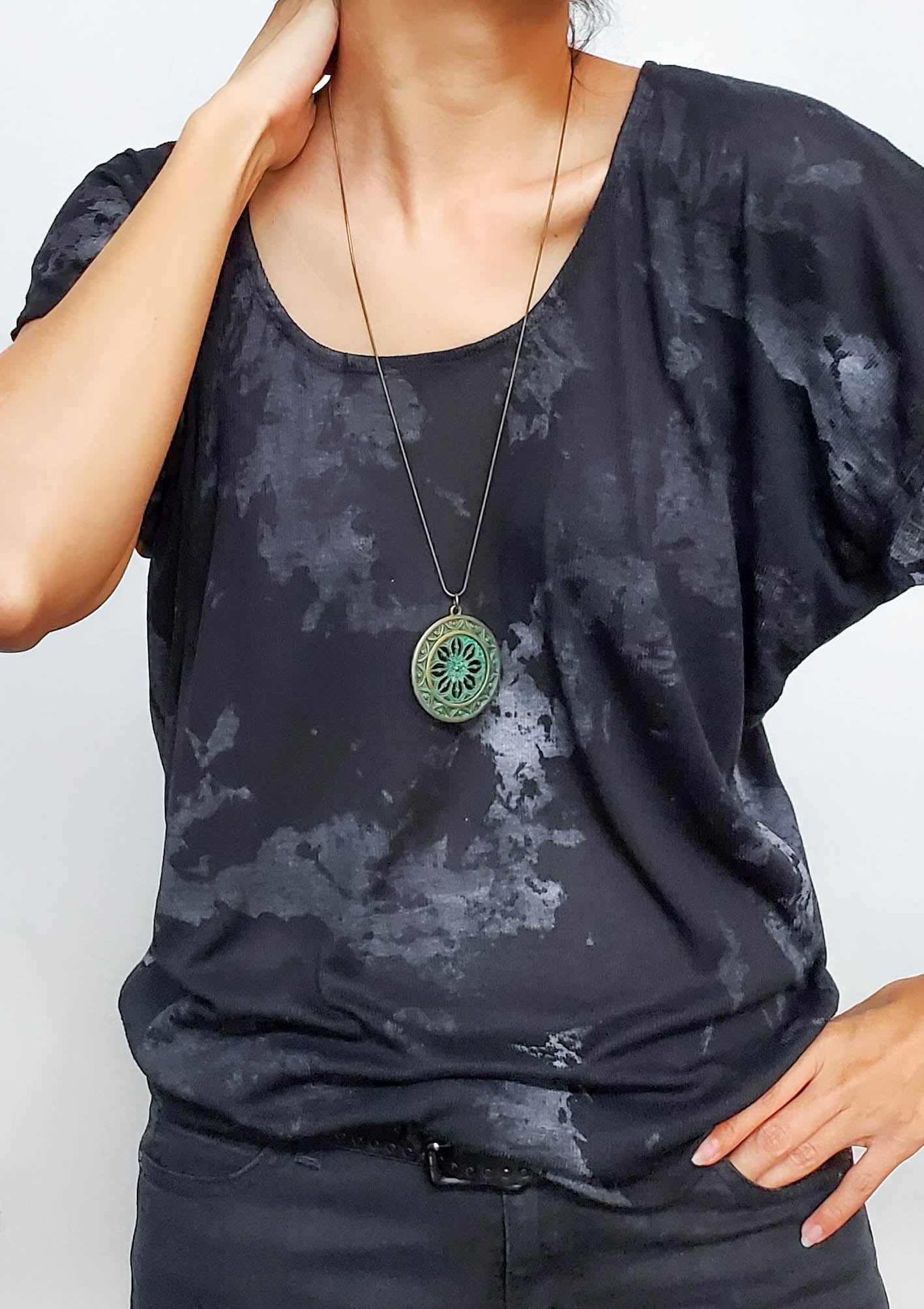 Circular Medallion Patina Pendant Long Necklace