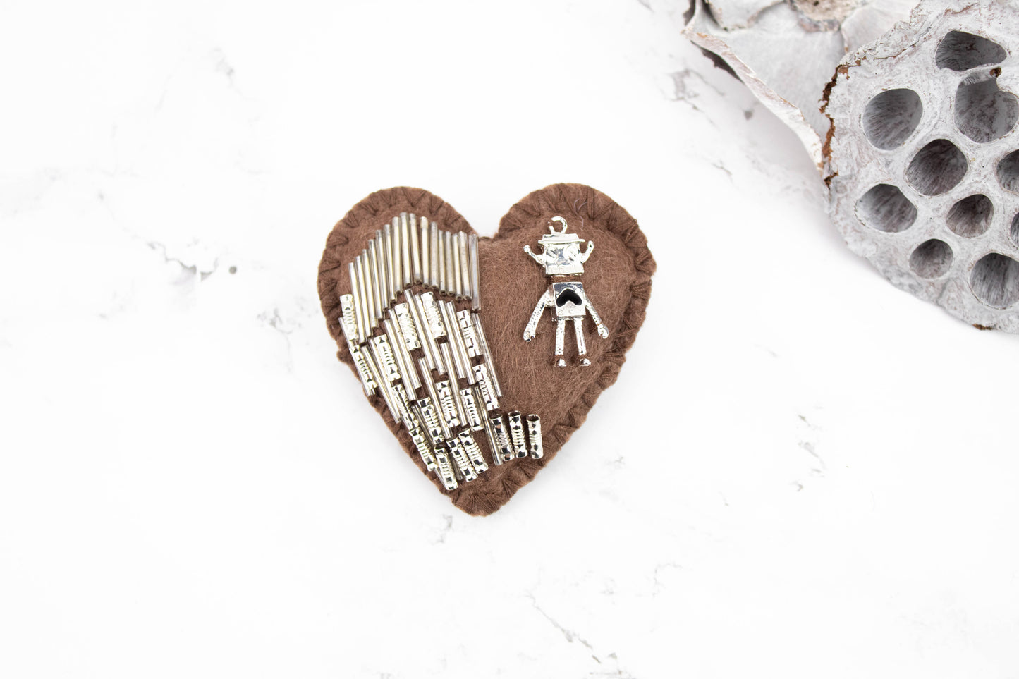 Brown and Silver Robot Heart Brooch