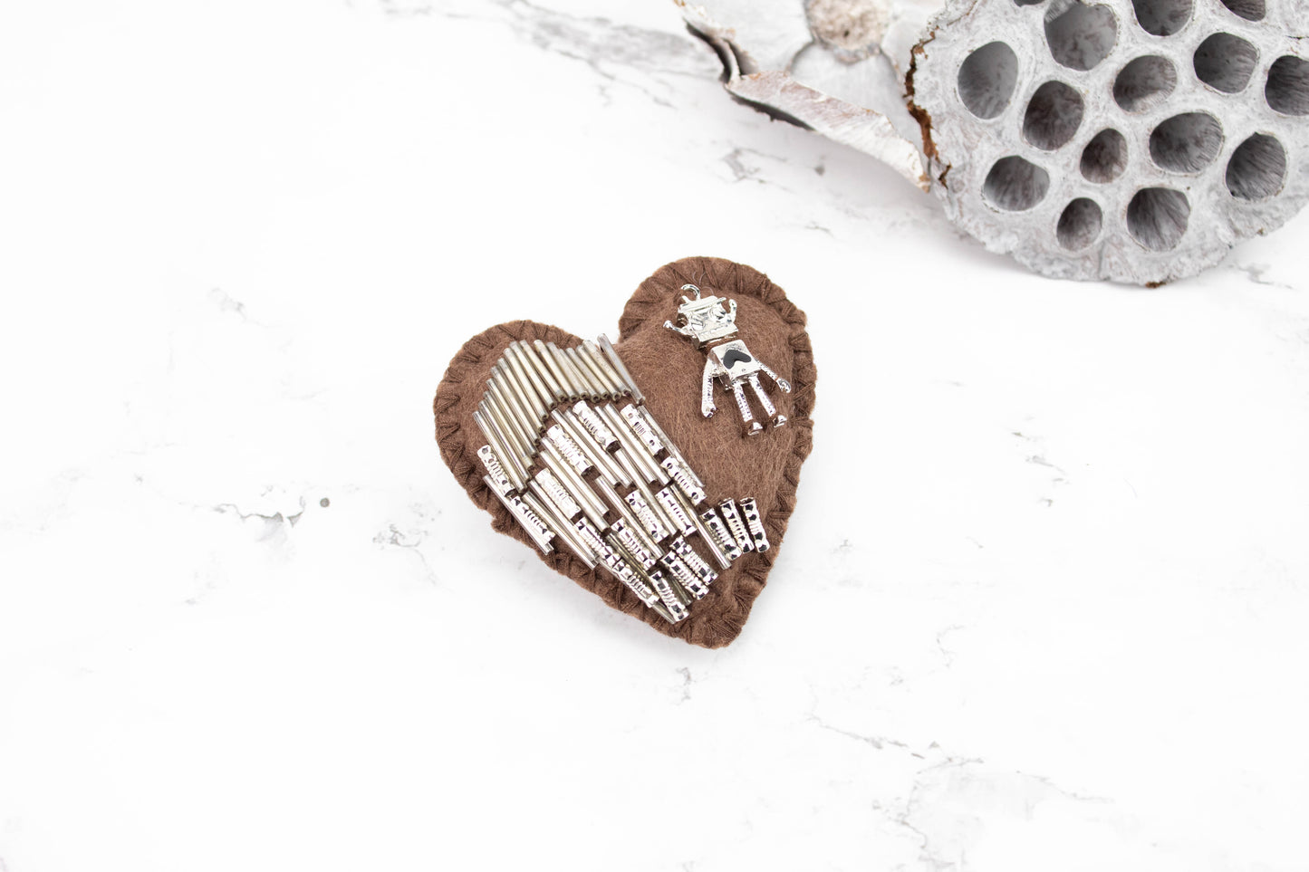 Brown and Silver Robot Heart Brooch