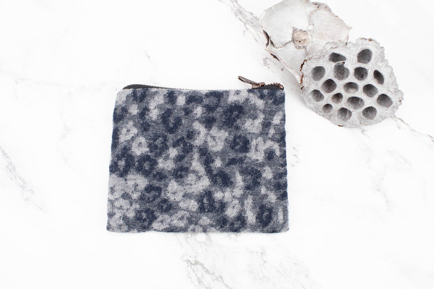 Blue and Gray Floral Wool Zipper Pouch