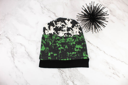 Black White and Green Cross Hatch Slouchy Beanie
