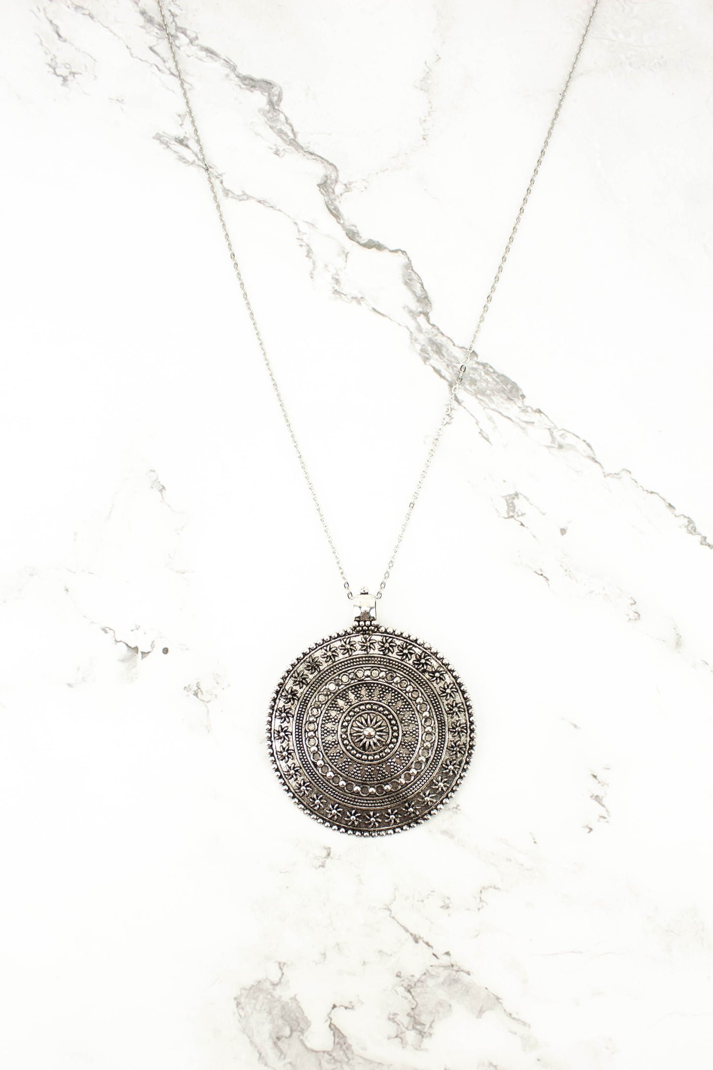 Antique Silver Circular Medallion Pendant Long Necklace