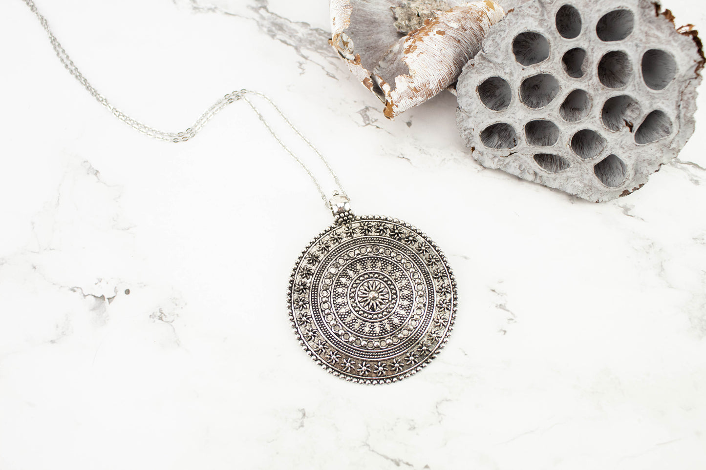 Antique Silver Circular Medallion Pendant Long Necklace